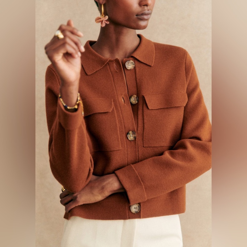 Sezane Rust-Brown Button Front Pocket Sweater - Picture 3 of 5